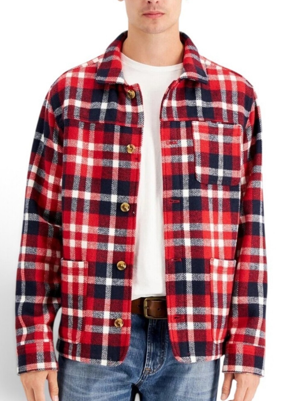 Club Room Red White And Blue Plaid Chore Jacket Full Button Front Size Small